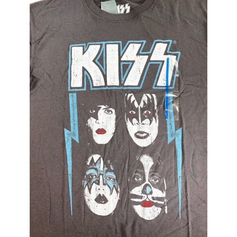 KISS Band T-Shirt Top Medium Juniors' Gray White Blue Retro Dynasty‎ Album Logo